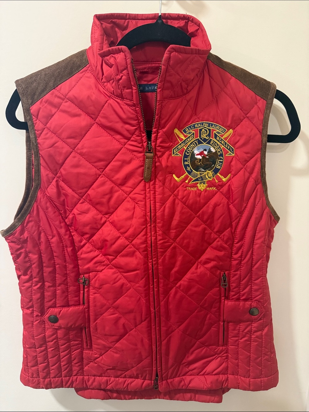 Ralph Lauren Red Quilted Vest with Brown Shoulder Accents
